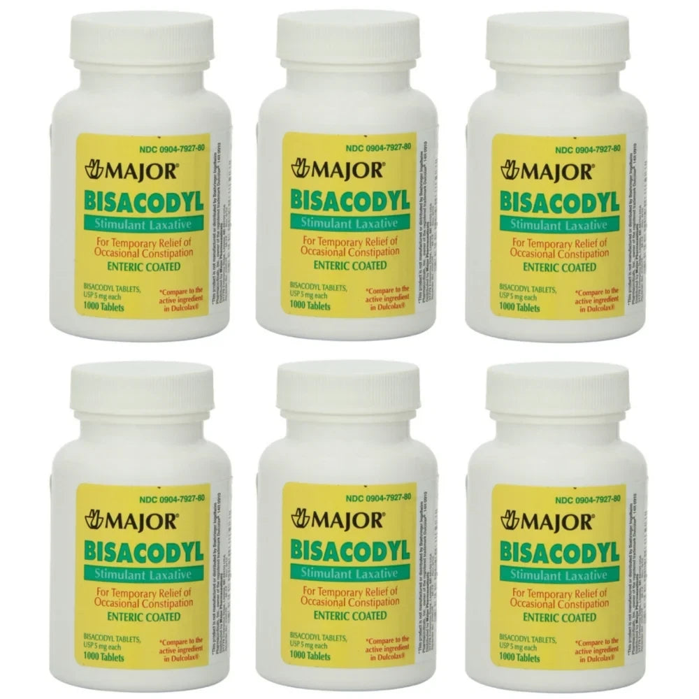 6-PACK Major Bisacodyl 5mg - 1000 Coated Tablets per Bottle