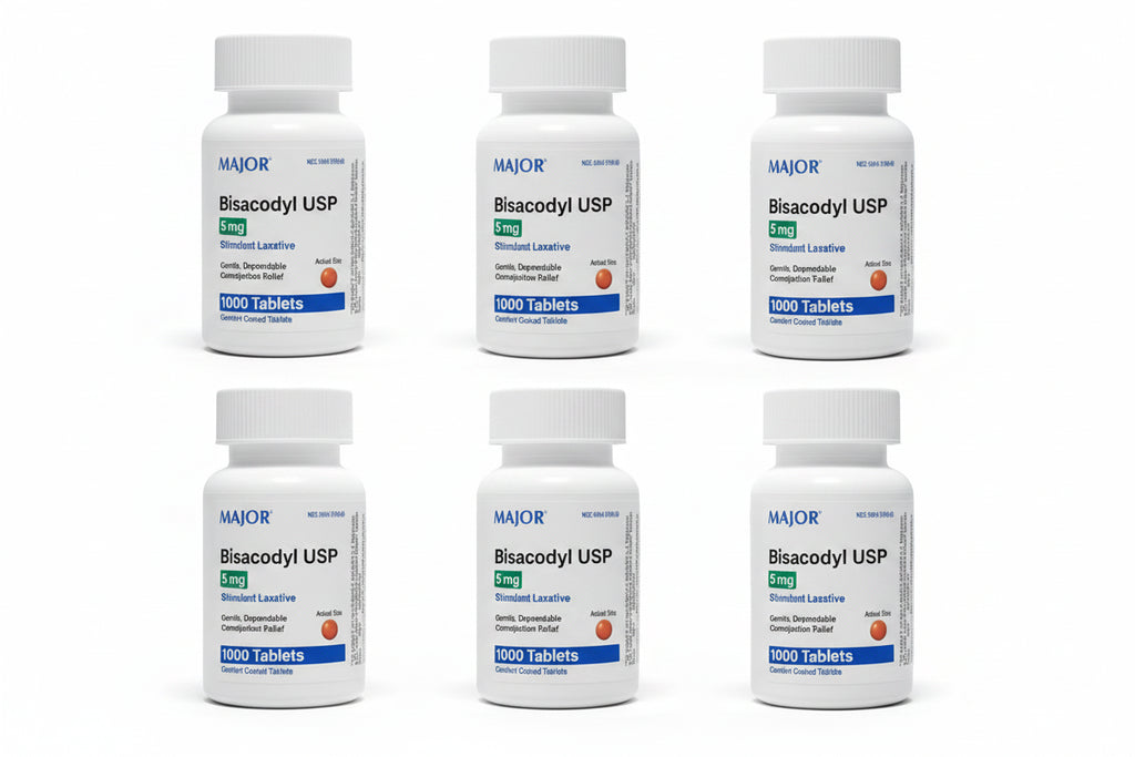 A white plastic bottle of Major Bisacodyl USP 5 mg stimulant laxative containing 1000 tablets, shown against a plain white background.