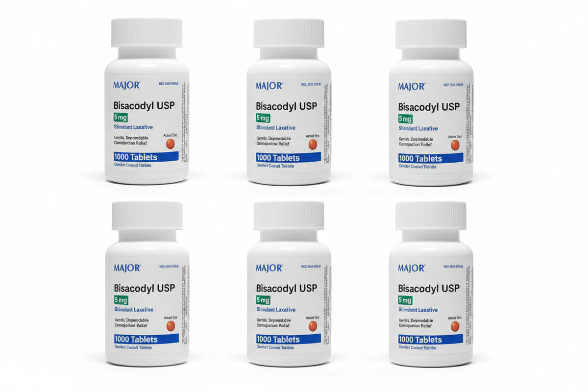 A white plastic bottle of Major Bisacodyl USP 5 mg stimulant laxative containing 1000 tablets, shown against a plain white background.