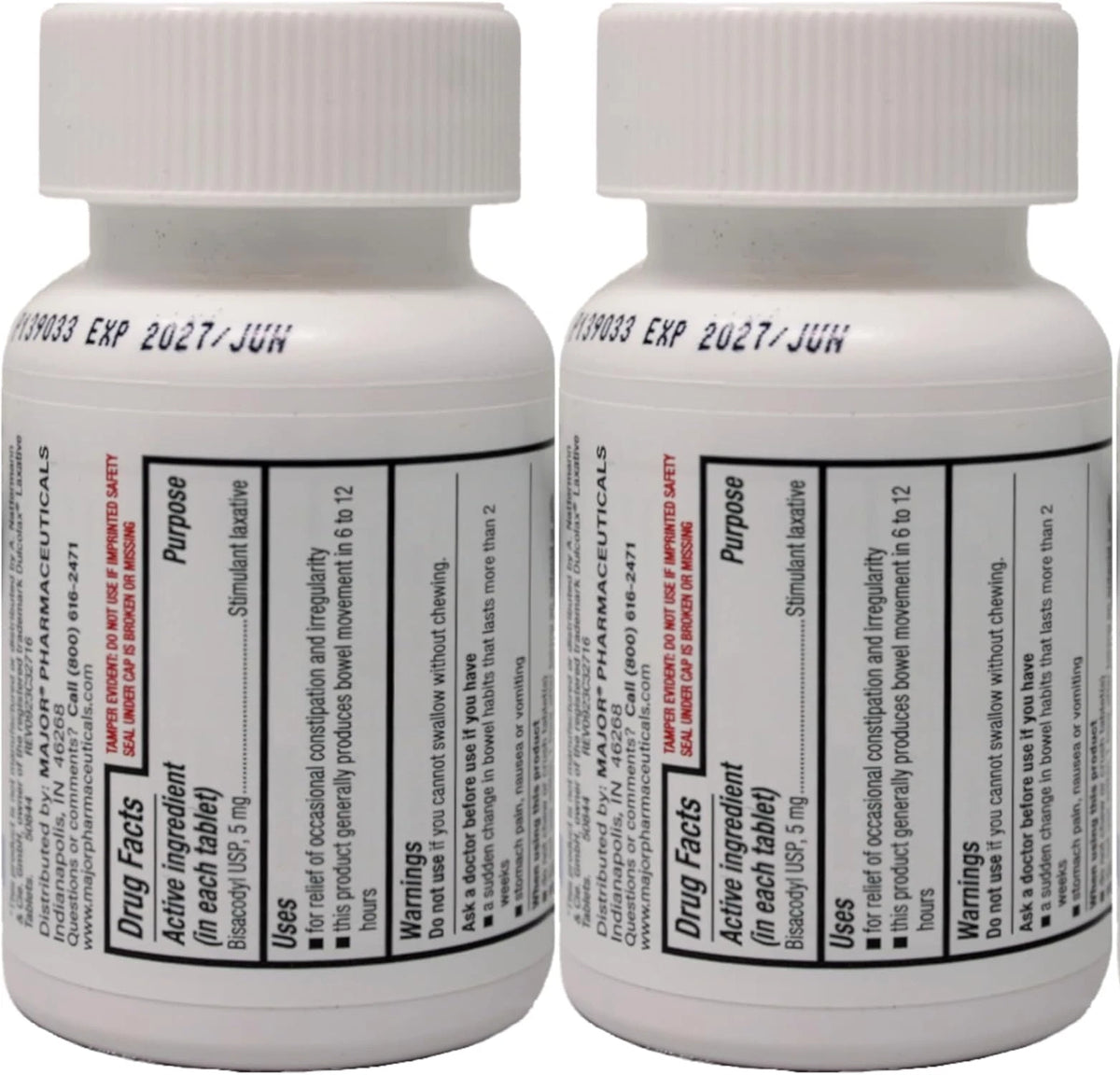 2-PACK Major Bisacodyl Laxative 1000 Coated Tablets Each GLOBAL SHIPPING